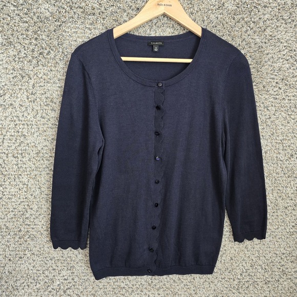 Talbots Cardigan Womens Medium Navy Blue Button Up Lightweight Scalloped Ladies - Picture 1 of 7